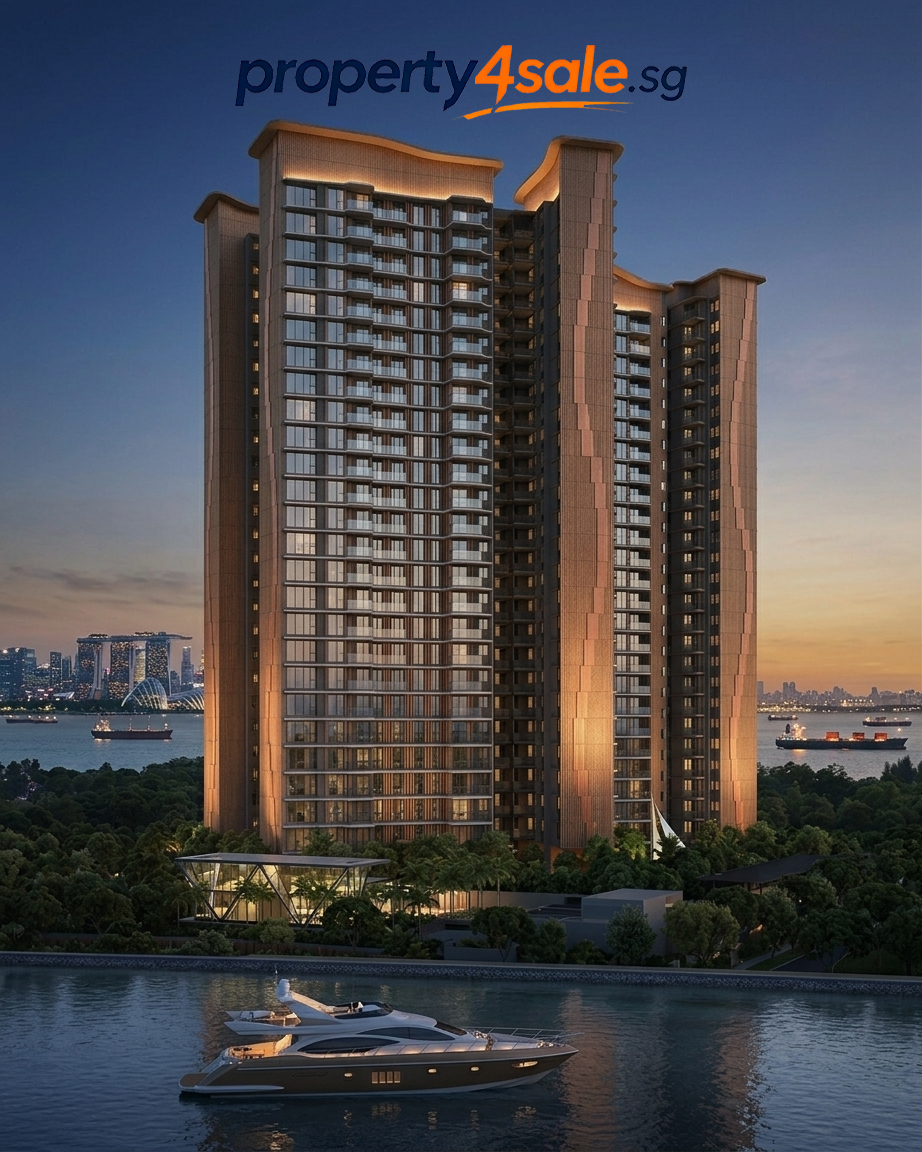 Luxury waterfront condominium tower at dusk