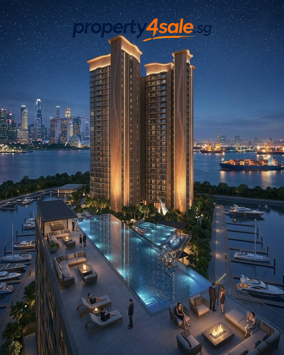 Premium twin-tower condominium at night with marina